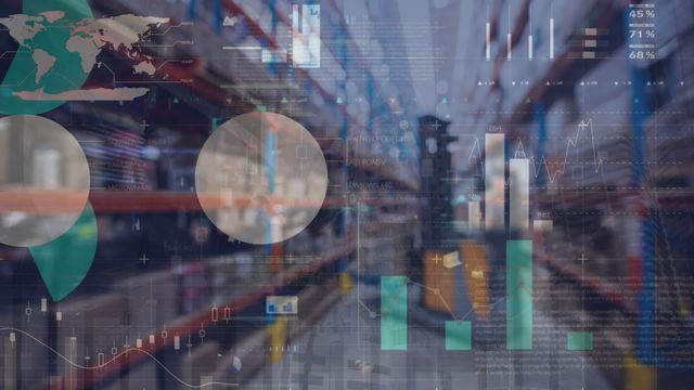 This image depicts a high-tech visual with financial graphs and data analytics superimposed over a warehouse background, symbolizing the integration of business intelligence in logistics management. It can be used to represent modern supply chain processes, economic data analysis, and the digital transformation of traditional warehouse management. Ideal for use in presentations, articles, or websites related to business investment, supply chain innovation, or technology-driven solutions in logistics.