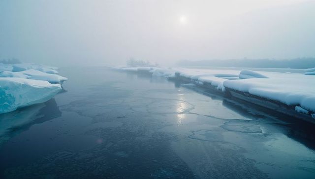 Foggy Winter Lakeshore with Ice Floes and Subdued Sunlight