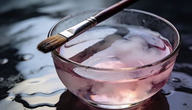 Glass bowl holding pale pink cloudy water and paintbrush on reflective black surface