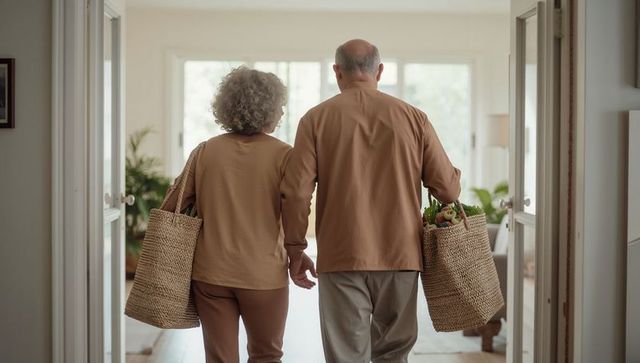 Senior couple walking into sunlit home carrying woven grocery totes filled with fresh produce