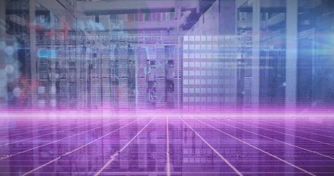 Futuristic server racks on digital grid with code streams