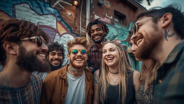 Diverse group of friends enjoying in graffiti-filled alleyway