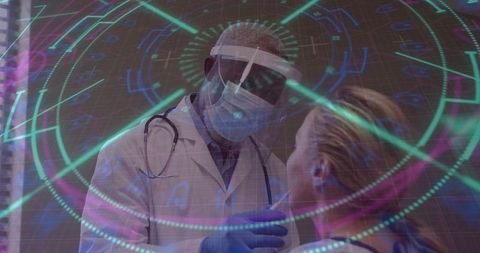 Doctor Performing Covid Nasal Swab with Holographic Interface