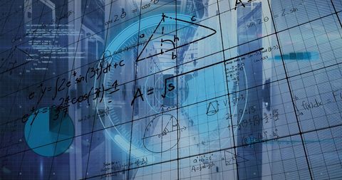 Mathematical equations overlaying futuristic data servers
