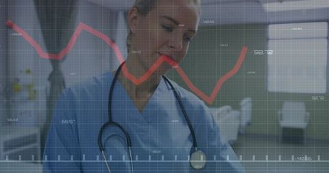 Medical Professional Analyzing Data with Graph Overlay in Clinic