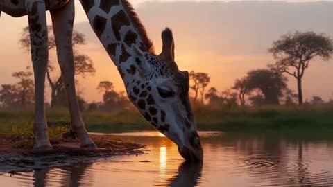 Giraffe Drinking at Sunset in Serene African Landscape