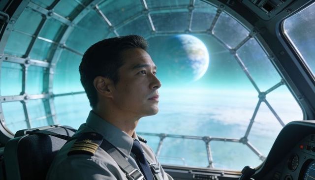 Asian Pilot Gazing Through Hex Spacecraft Window at Distant Planet, Futuristic Portrait