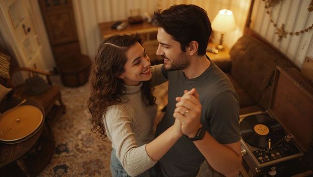 Couple dancing to vinyl records in cozy living room setting