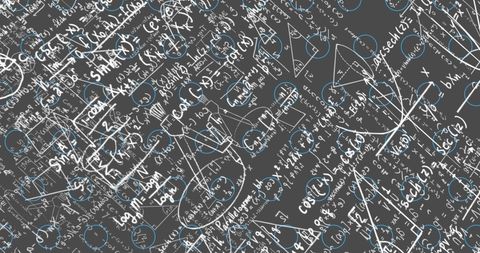 Chaotic yet organized display of intricate mathematical computations highlights advanced scientific formulas and geometric illustrations on dark background, ideal for depicting complex data analysis or educational settings in academic and science communication materials. Perfect for backgrounds in scientific presentations or educational banner designs.