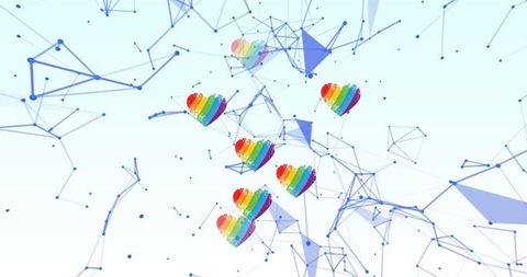 Rainbow heart icons against digital network background