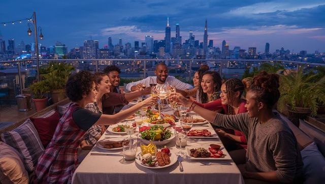 Friends clinking glasses on rooftop dinner party with city skyline at dusk, urban celebration