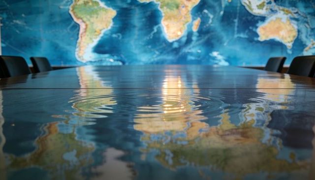 Boardroom table reflecting world map with water ripples on glossy surface