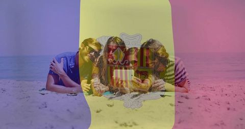 Group relaxing on beach with andorra flag overlay, sunbathing and sharing smartphone