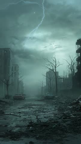 Vertical cinematic video showing lightning storm gathering over post-apocalyptic city ruins