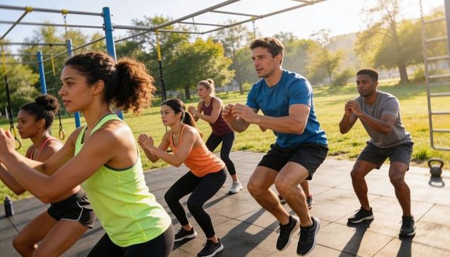 Diverse group performing squat jumps outdoors on park rig morning bootcamp fitness class