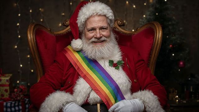 Santa Claus with Rainbow Sash in Festive Christmas Scene