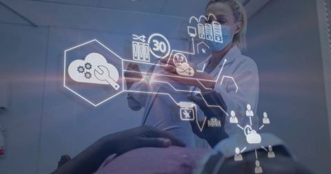 Clinician using tablet with holographic medical interface over patient telemedicine consultation