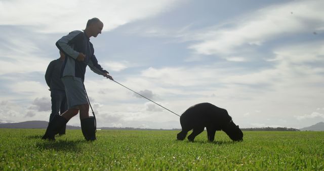 Senior Caucasian man walks his dog in a lush field, with copy space. Outdoor activity showcases the bond between a pet and its owner.
