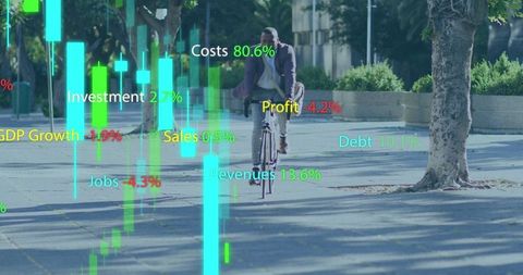 Businessman Riding Bike with Financial Data Overlay