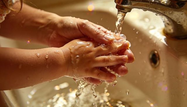 Toddler washing hands under warm faucet water promoting hygiene and healthy routine