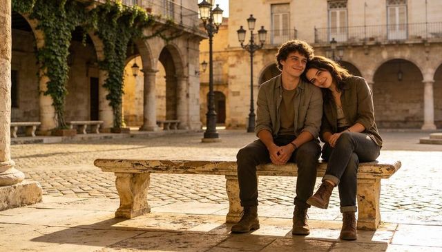 Young couple cuddling on carved stone bench in sunlit historic courtyard with archways