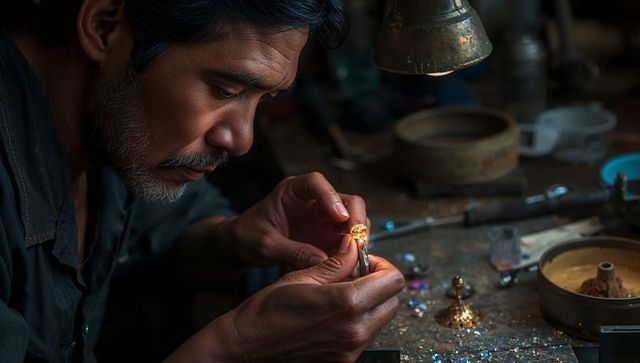 Asian jeweler heating yellow gemstone with precision torch at rustic workbench