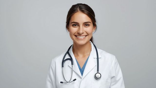 Smiling female doctor with stethoscope in clinical attire