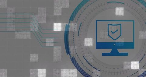 Blue monitor shield hud with pixel tiles representing cybersecurity and network protection