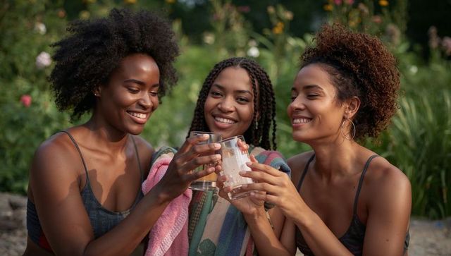 Three Black Women Smiling and Toasting with Glasses in Lush Garden Wearing Swimsuits