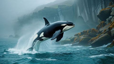 Breaching orca near rocky coast with sea spray