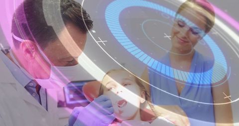 Dentist Examining Young Patient with Data Visualization Overlay