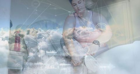 Innovative Fitness: Woman Integrating Technology and Exercise at Home