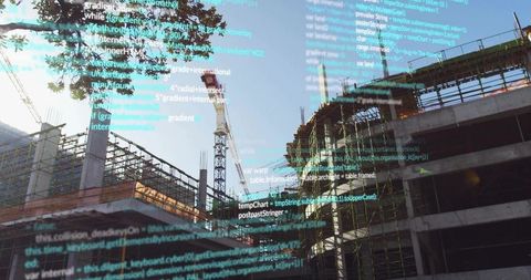 Construction site merging digital code overlay with cranes and scaffolding, urban smart city design
