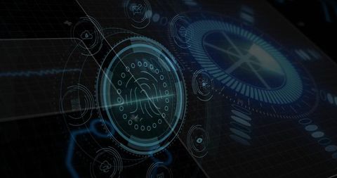 Scanning biometric fingerprint hologram projecting over dark grid with radial cyber HUD