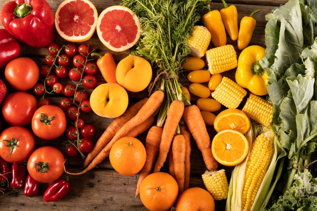 Overhead view of a variety of fresh fruits and vegetables arranged on a wooden table. This vibrant and colorful assortment includes tomatoes, carrots, corn, grapefruit, peppers, apricots, and leafy greens. Ideal for use in content related to healthy eating, organic food, farm-to-table concepts, vegan and vegetarian diets, and nutrition.