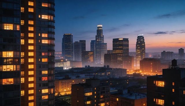Dusk downtown skyline glowing behind residential high-rise with warm lights and haze
