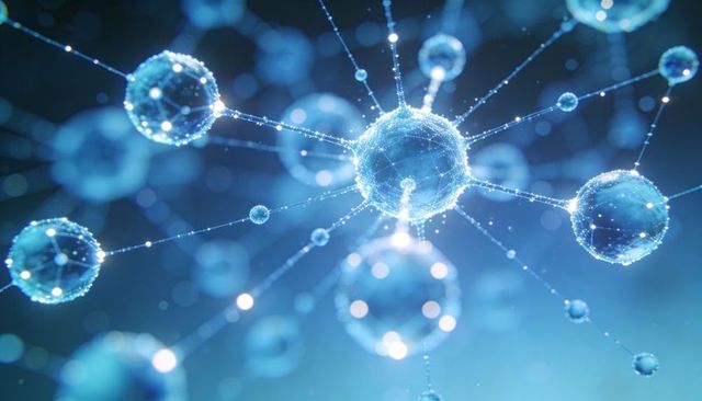 Glowing interconnected spheres radiating luminous filaments in blue digital particle network