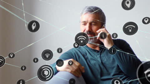 Connected Man Using Smartphone with Virtual Social Media Icons