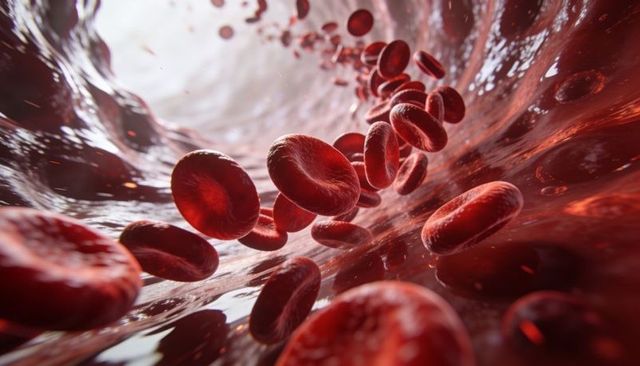 Red blood cells flowing through blood vessel lumen showing microcirculation and plasma