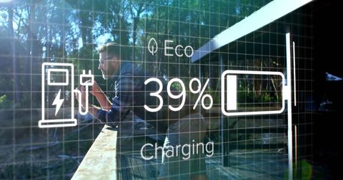 Man Exploring Renewable Technology in Nature with Eco Charge Overlay