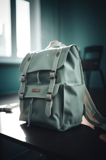 Stylish mint-green backpack with leather straps sits on wooden table by window, with sunlight streaming in. Suitable for adding a touch of elegance to travel, fashion, or lifestyle-related content. Can be used to depict modern fashion accessories or travel essentials.