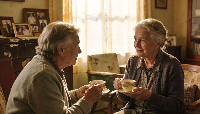 Senior couple sharing tea and conversation in cozy vintage living room, warm moment