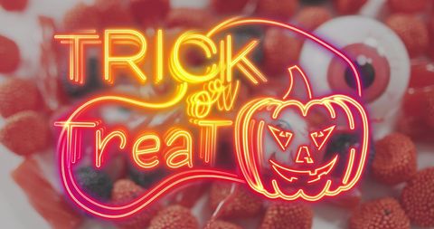 Neon Trick or Treat Sign with Halloween Candies and Pumpkin Icon