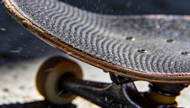 Close-up worn skateboard deck with grip tape, chipped edge and sparkling sunlight dust