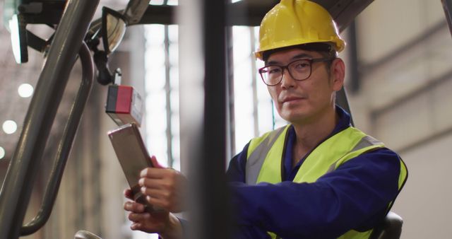 Asian male worker wearing safety suit with helmet using tablet in warehouse. global business, shipping and delivery.