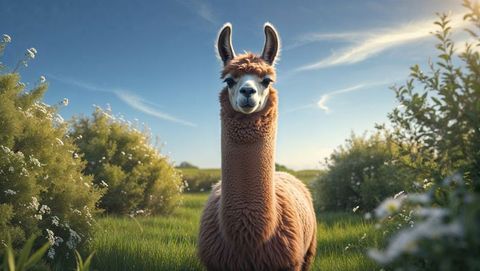 Alluring brown llama gathering sunlight in meadow