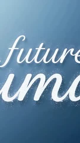 Vertical animated script 'future' revealing with sparkling particles and soft blue gradient glow