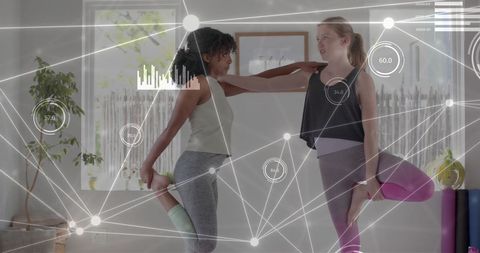 Diverse Teen Girls Practicing Yoga with Data Overlay Connections