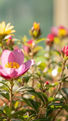 Vertical video capturing pink blossom unfolding on sunlit windowsill with yellow bud blooming
