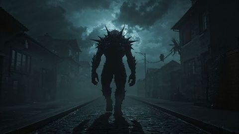 Gothic creature strolling cobblestone streets at dusk